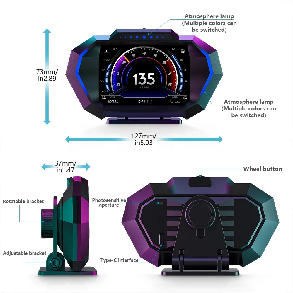 AD Digital Car HUD GPS OBD2 Head Up Display with Slope Meter Black-2