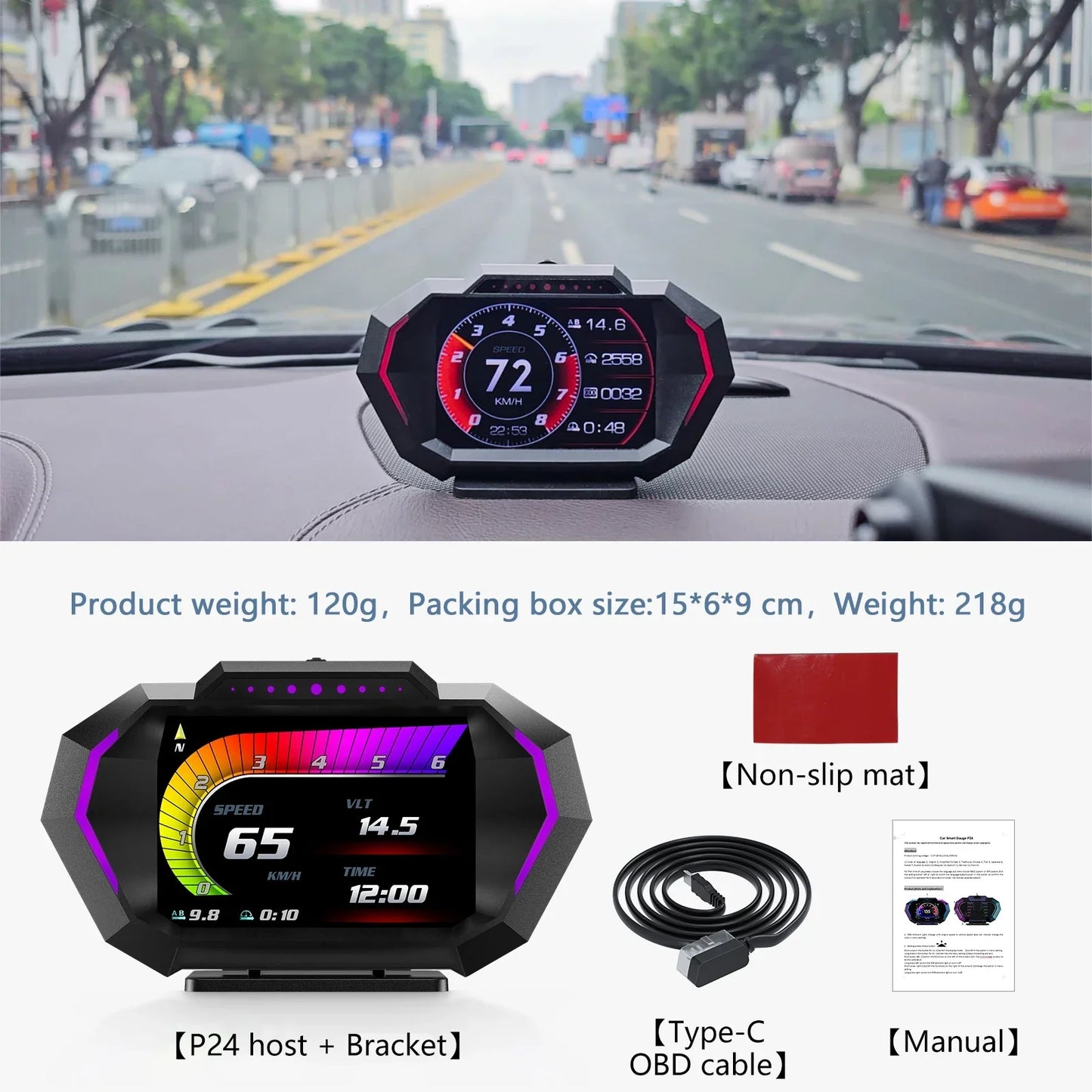 AD Digital Car HUD GPS OBD2 Head Up Display with Slope Meter Black-4